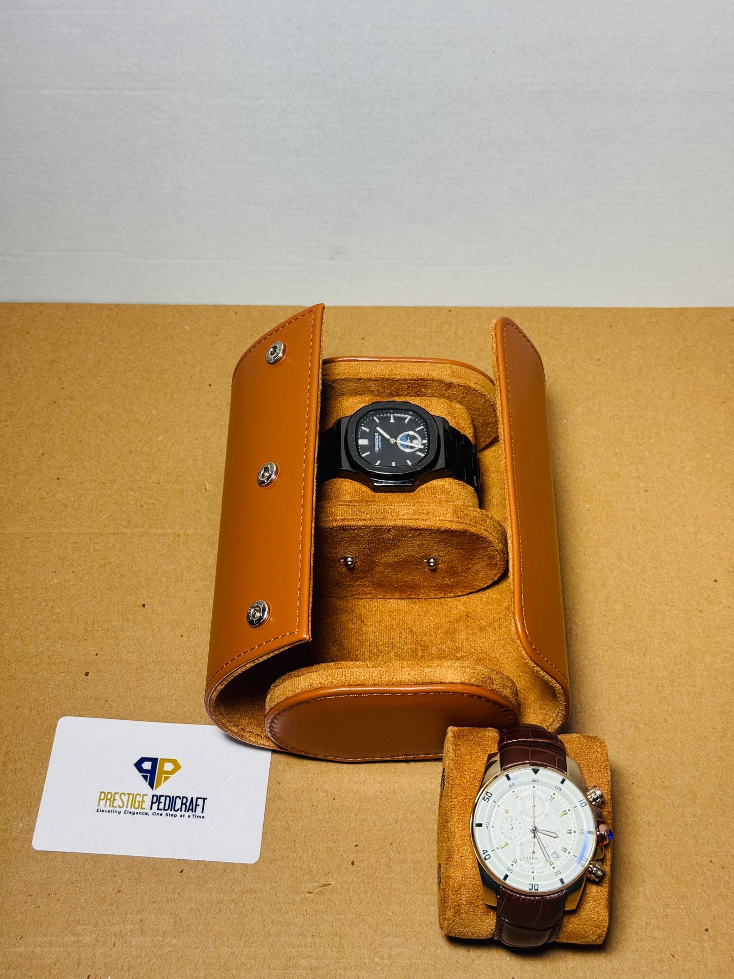 2 Slot Leather Watch Roll – Khaki Travel Case | Customizable