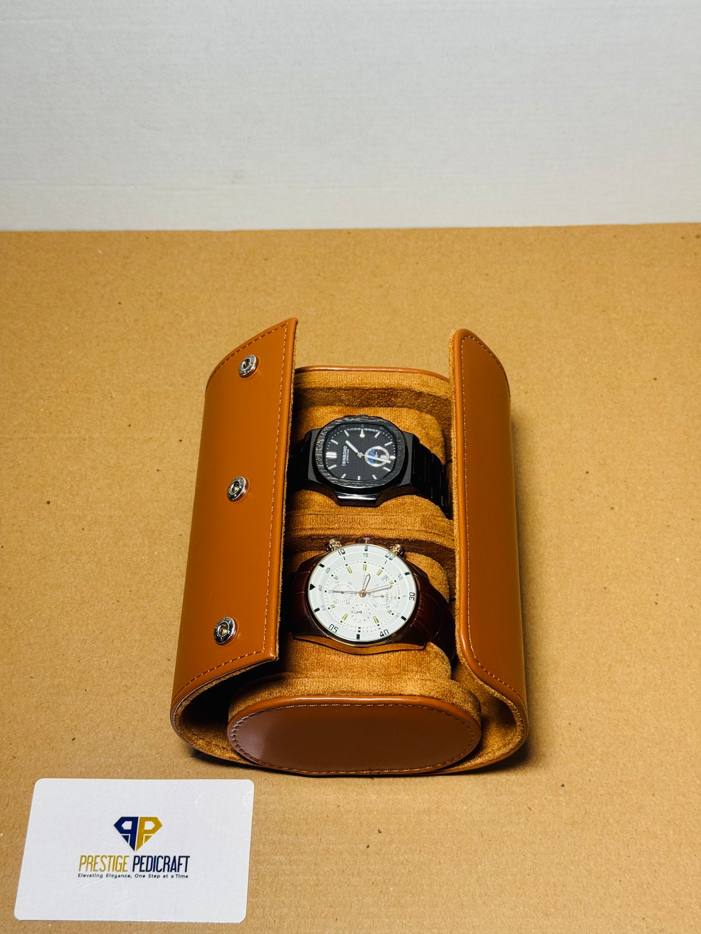 2 Slot Leather Watch Roll – Khaki Travel Case | Customizable
