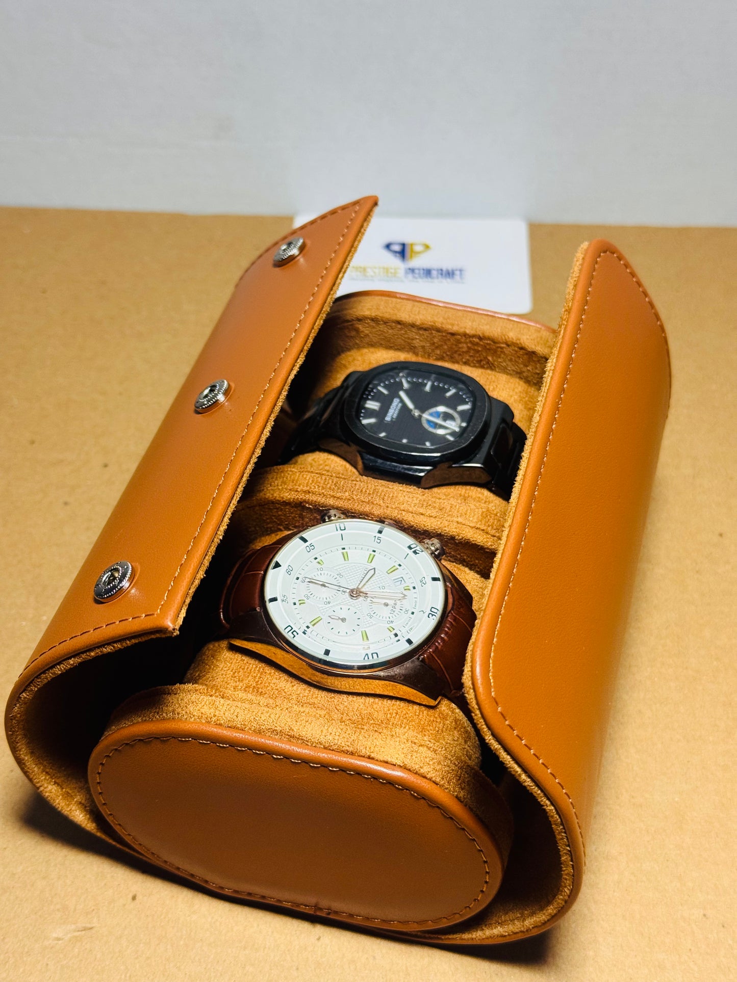 2 Slot Leather Watch Roll – Khaki Travel Case | Customizable