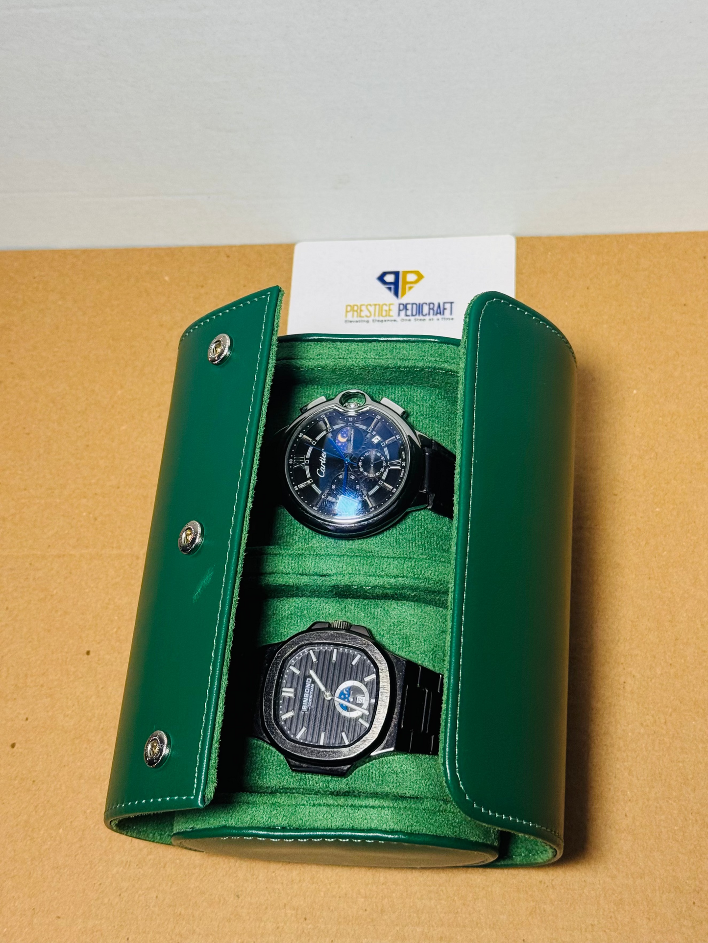 2 Slot Leather Watch Roll – Green Travel Case | Customizable
