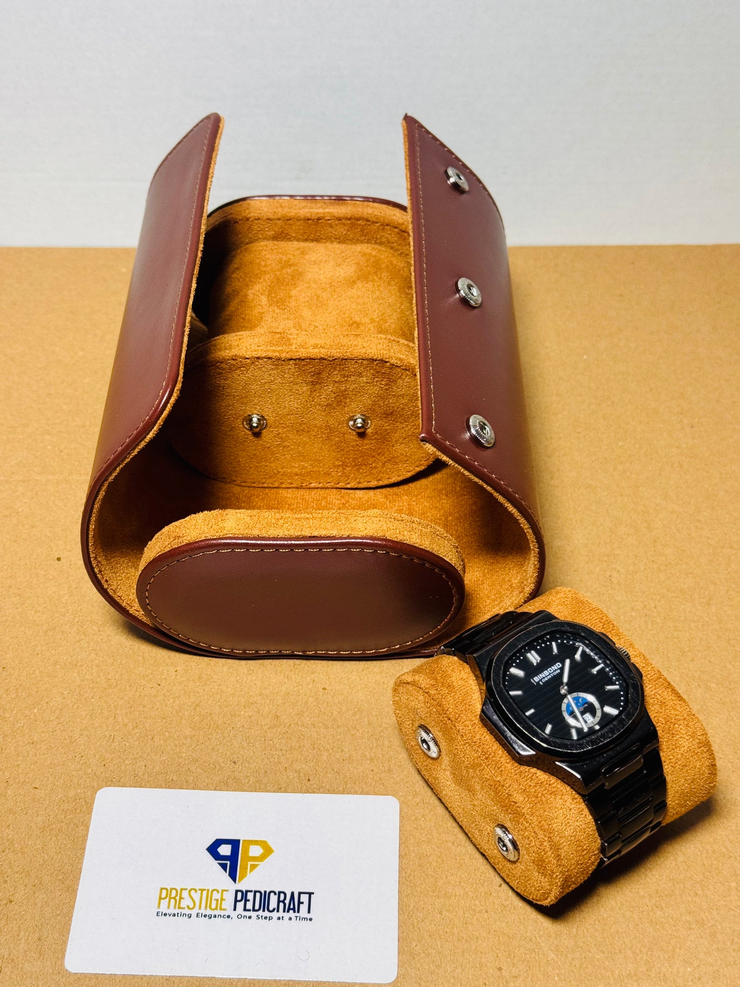 2 Slot Leather Watch Roll – Brown Travel Case | Customizable