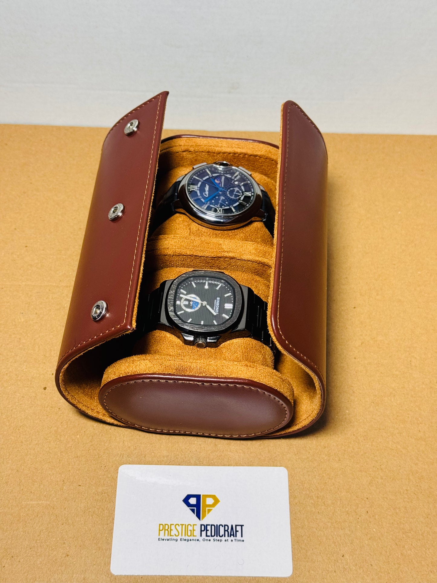 2 Slot Leather Watch Roll – Brown Travel Case | Customizable