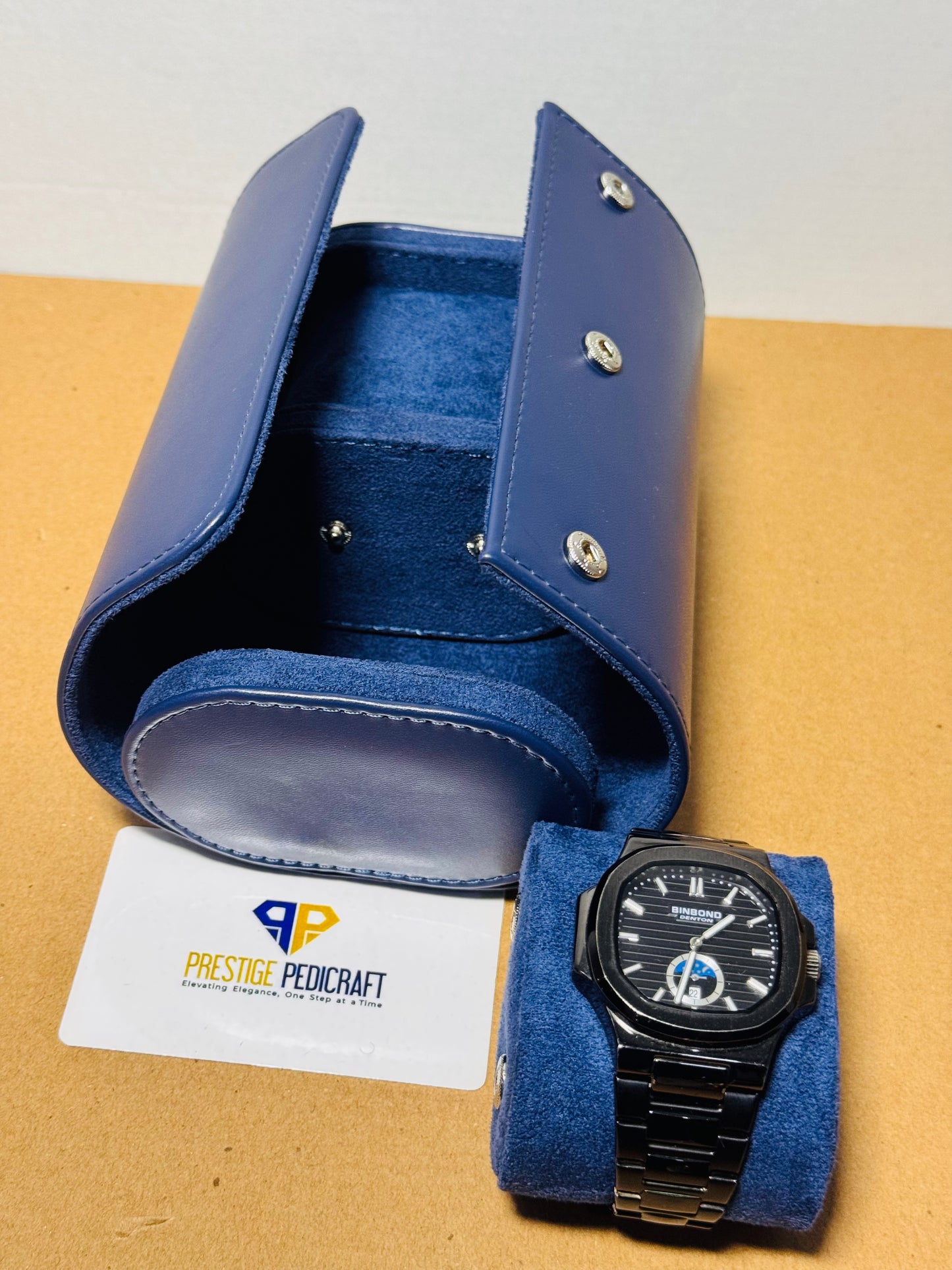 2 Slot Leather Watch Roll – Blue Travel Case | Customizable