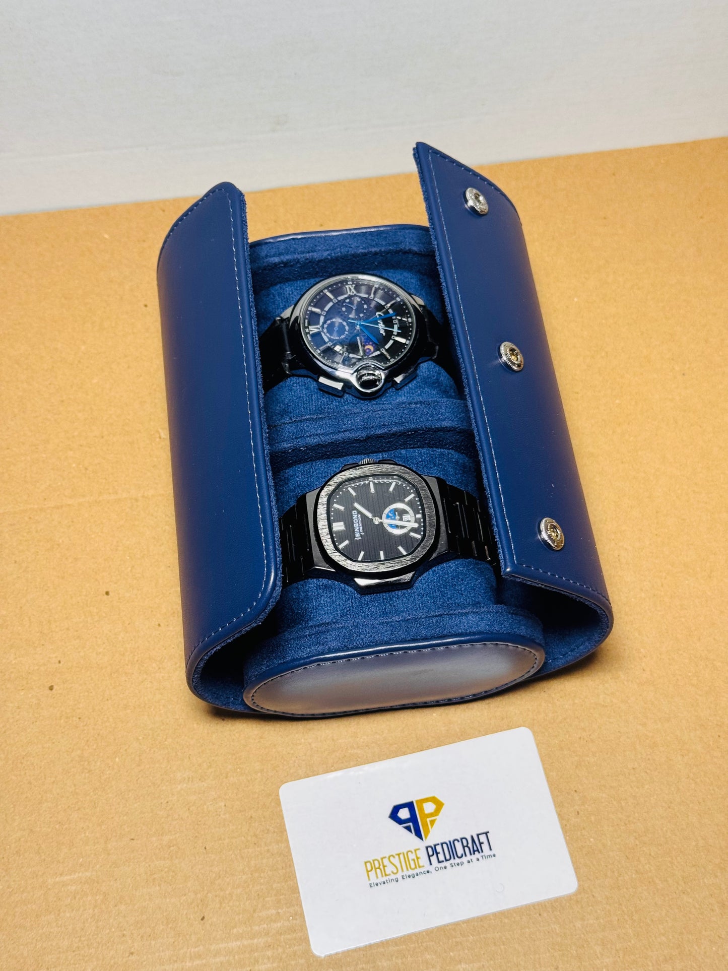 2 Slot Leather Watch Roll – Blue Travel Case | Customizable
