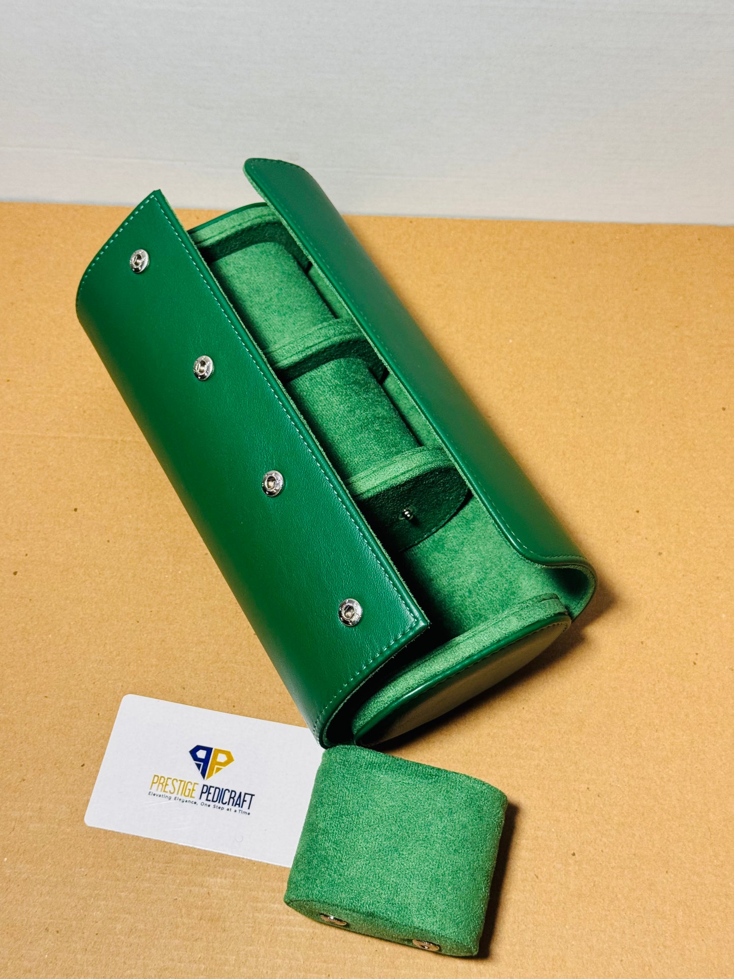 3 Slot Leather Watch Roll – Green Travel Case | Customizable