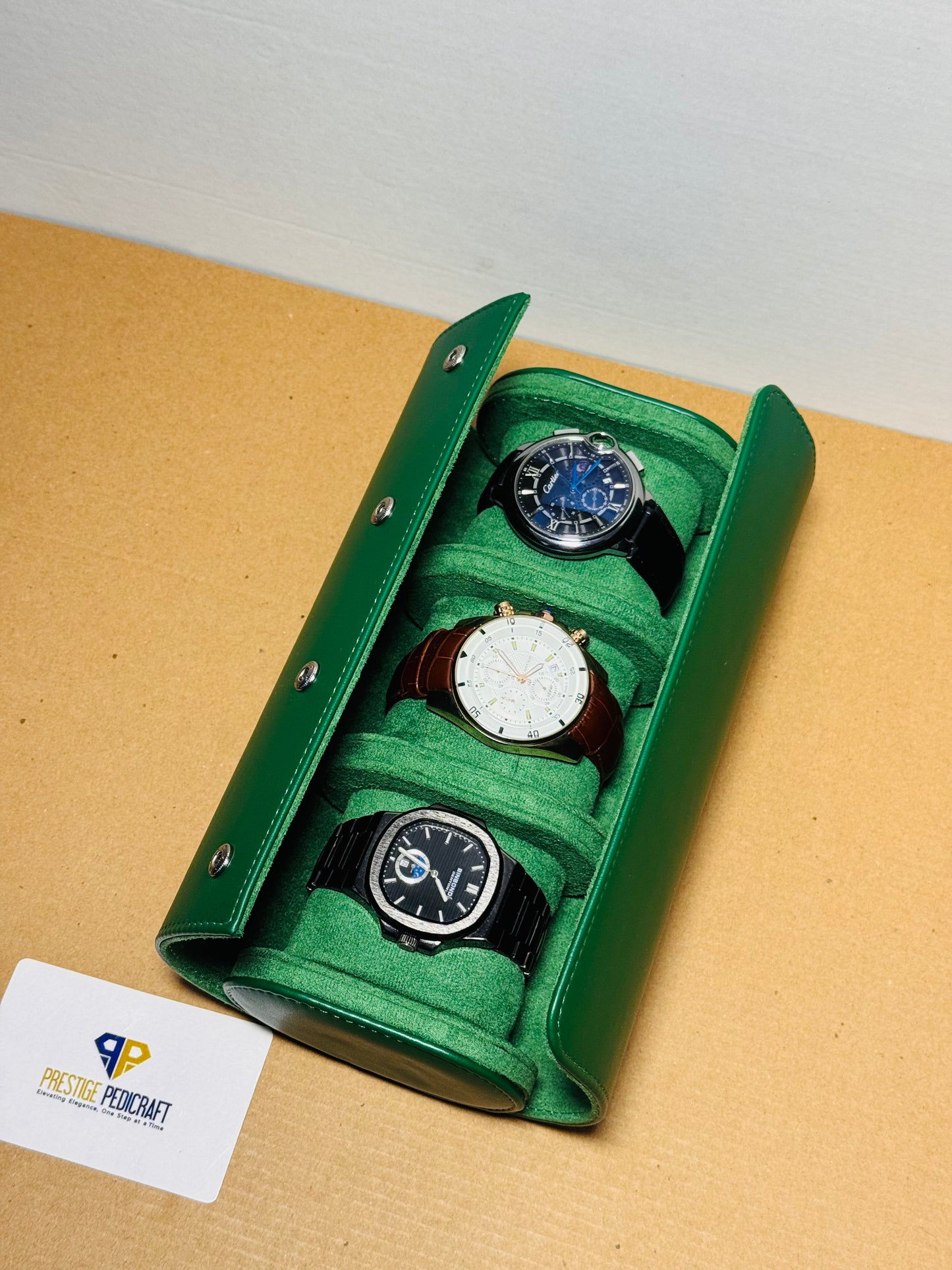 3 Slot Leather Watch Roll – Green Travel Case | Customizable