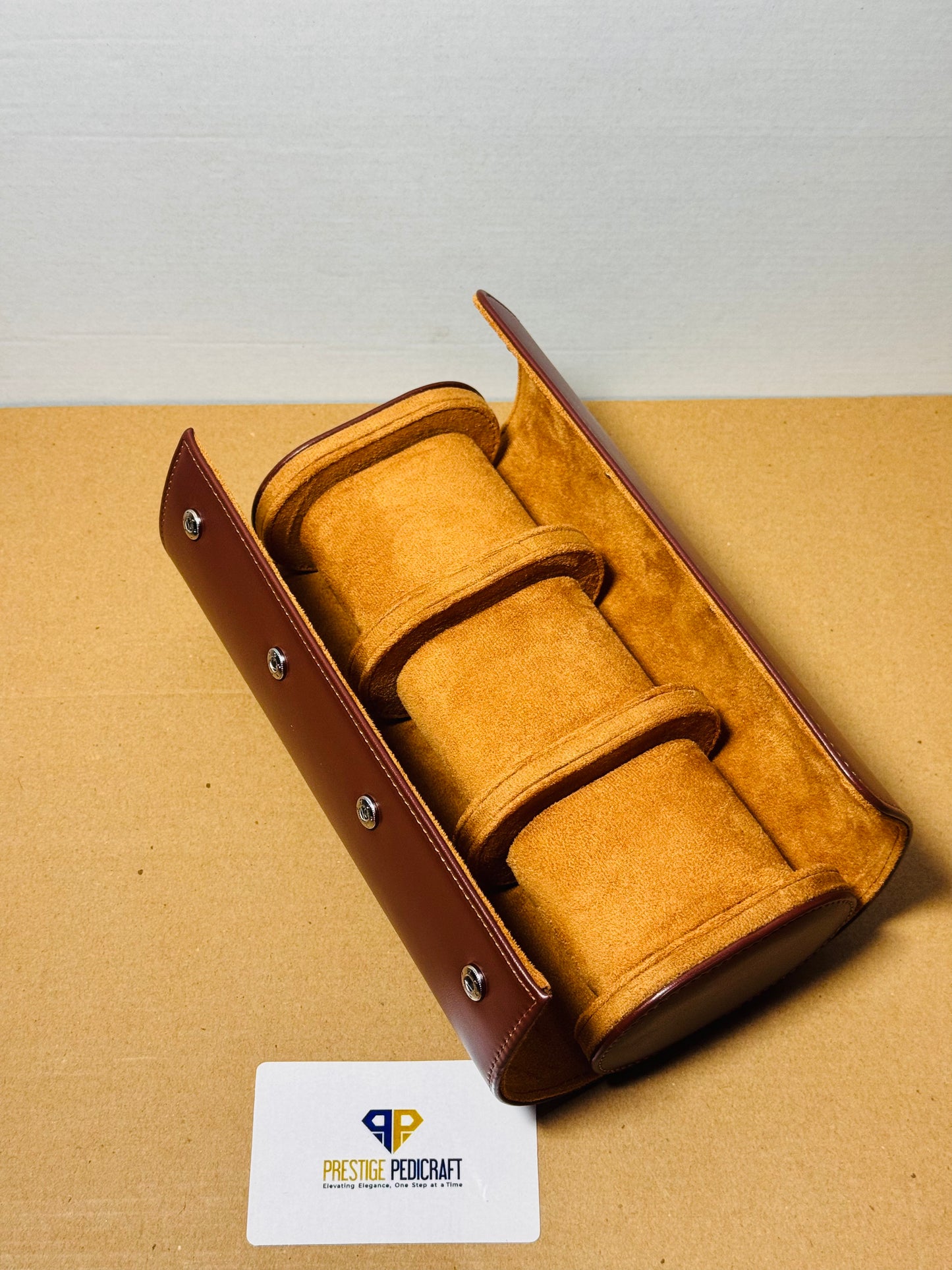 3 Slot Leather Watch Roll – Brown Travel Case | Customizable