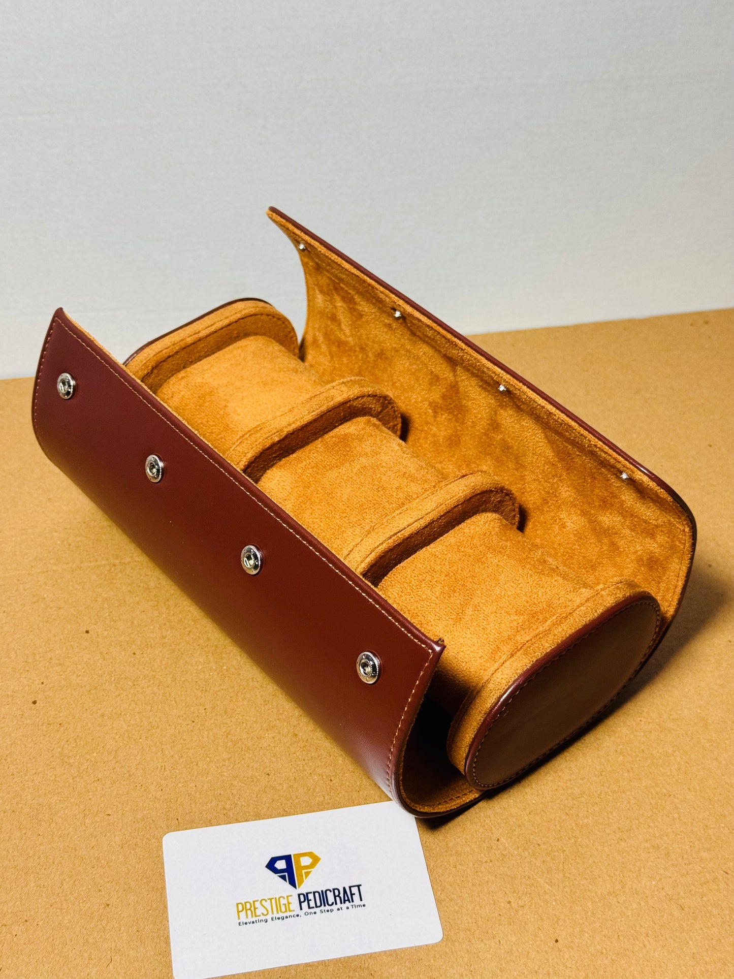 3 Slot Leather Watch Roll – Brown Travel Case | Customizable