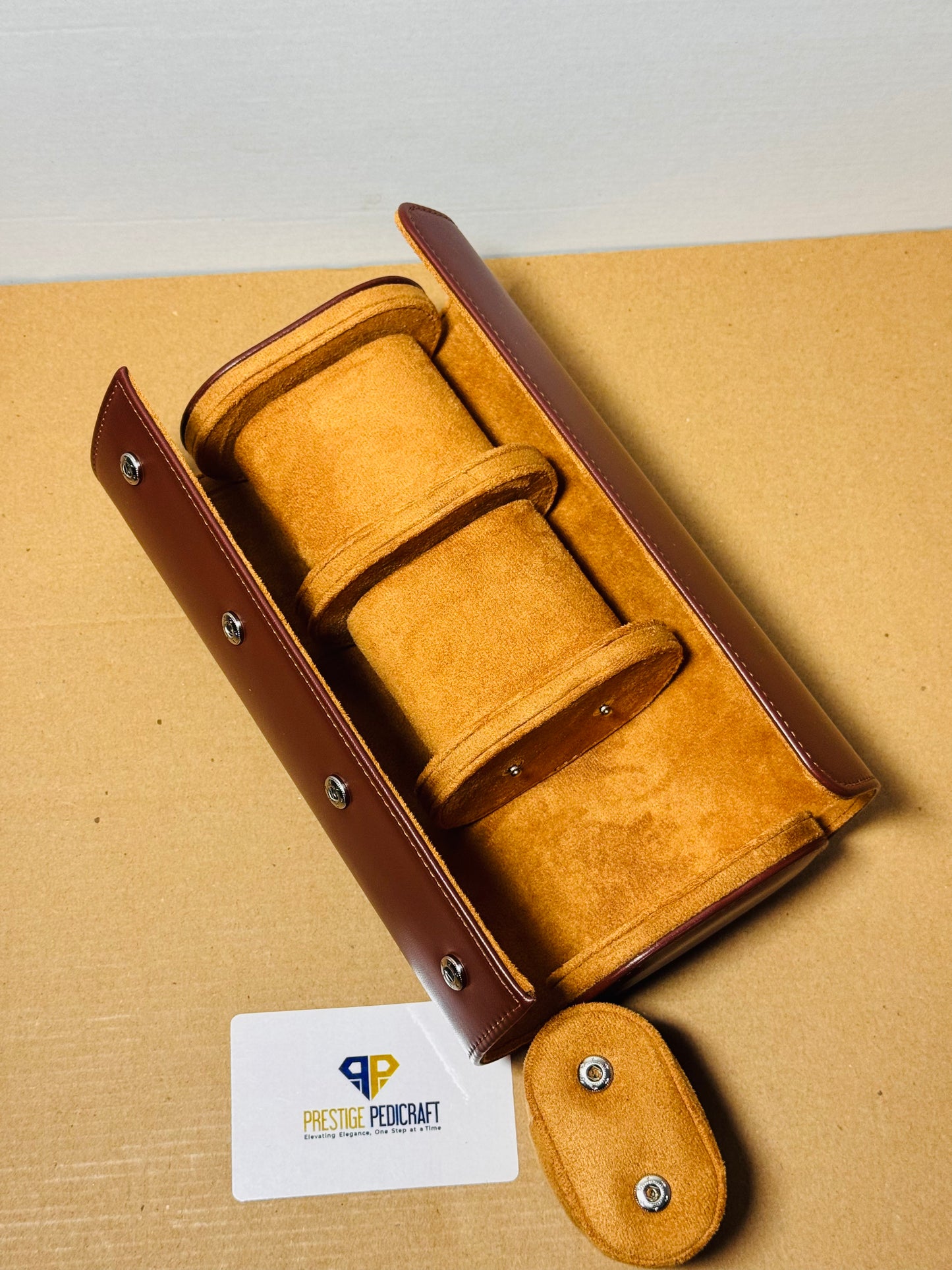 3 Slot Leather Watch Roll – Brown Travel Case | Customizable
