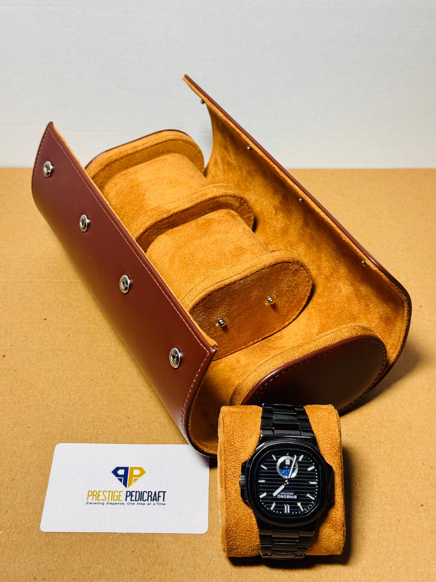 3 Slot Leather Watch Roll – Brown Travel Case | Customizable