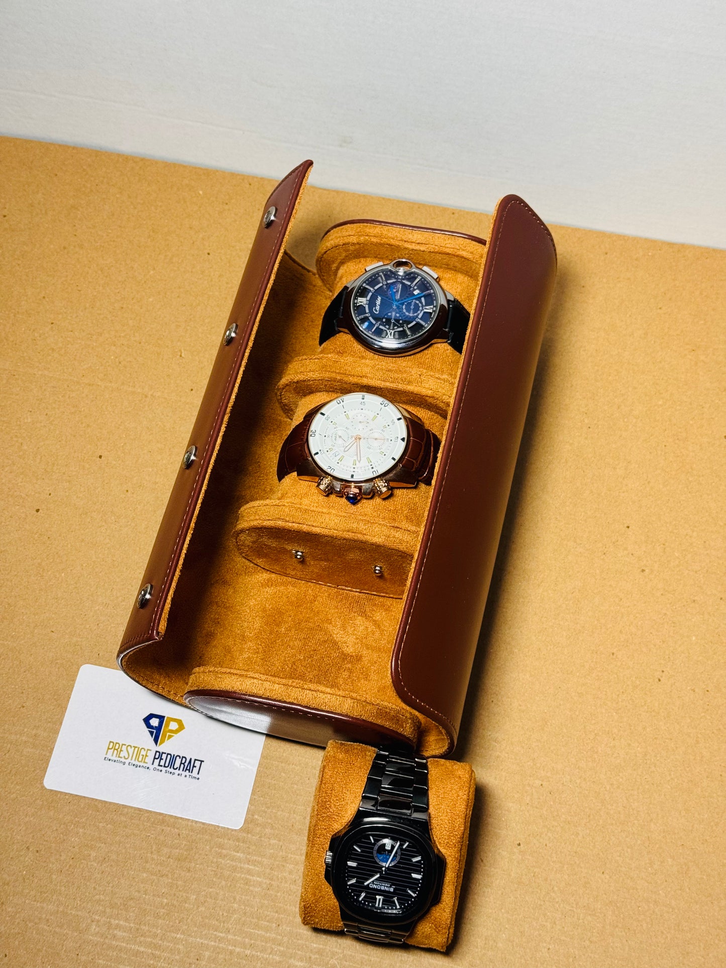 3 Slot Leather Watch Roll – Brown Travel Case | Customizable