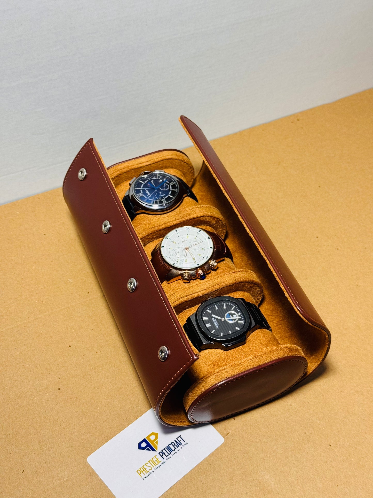 3 Slot Leather Watch Roll – Brown Travel Case | Customizable