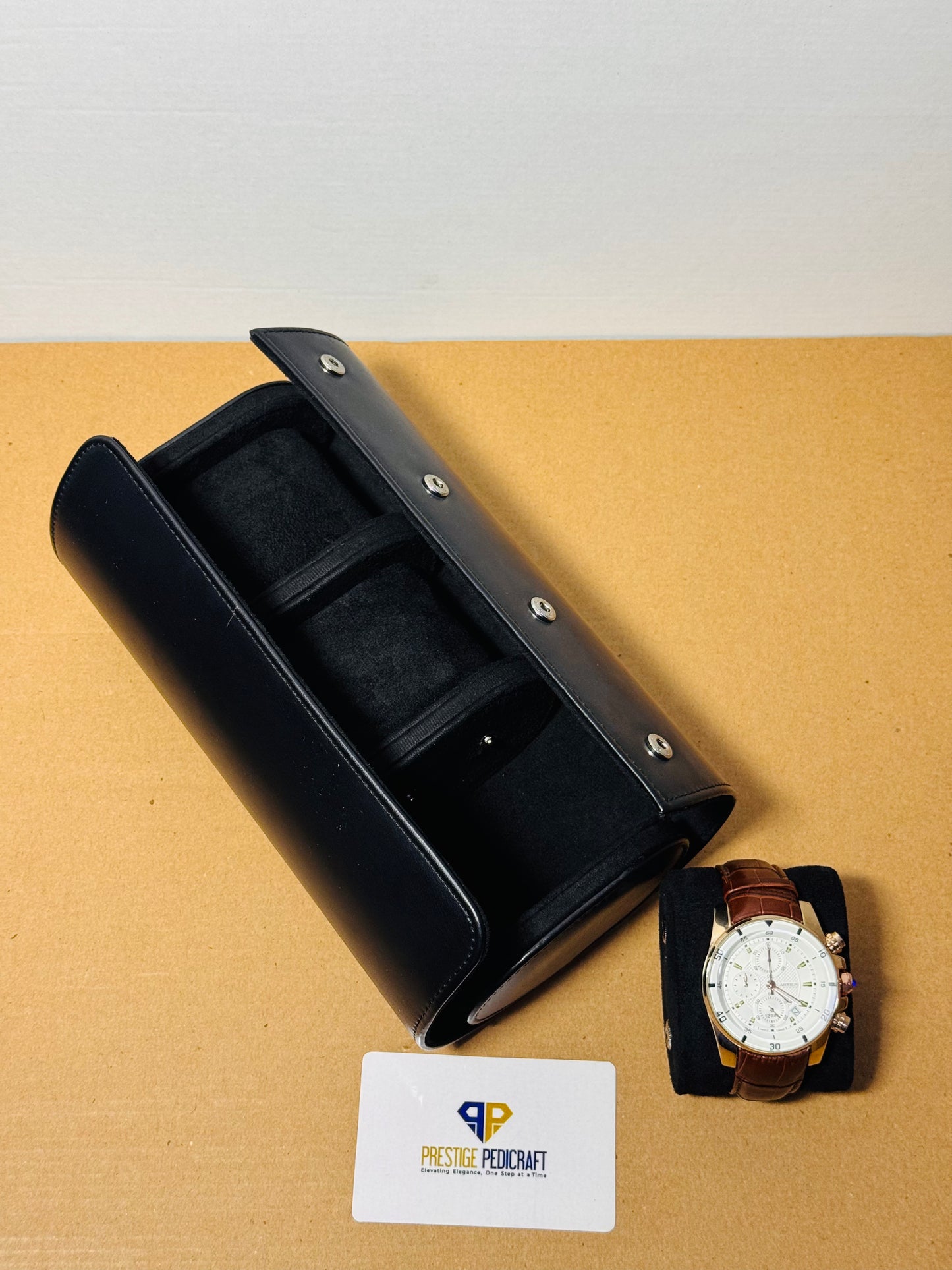 3 Slot Leather Watch Roll – Black Travel Case | Customizable