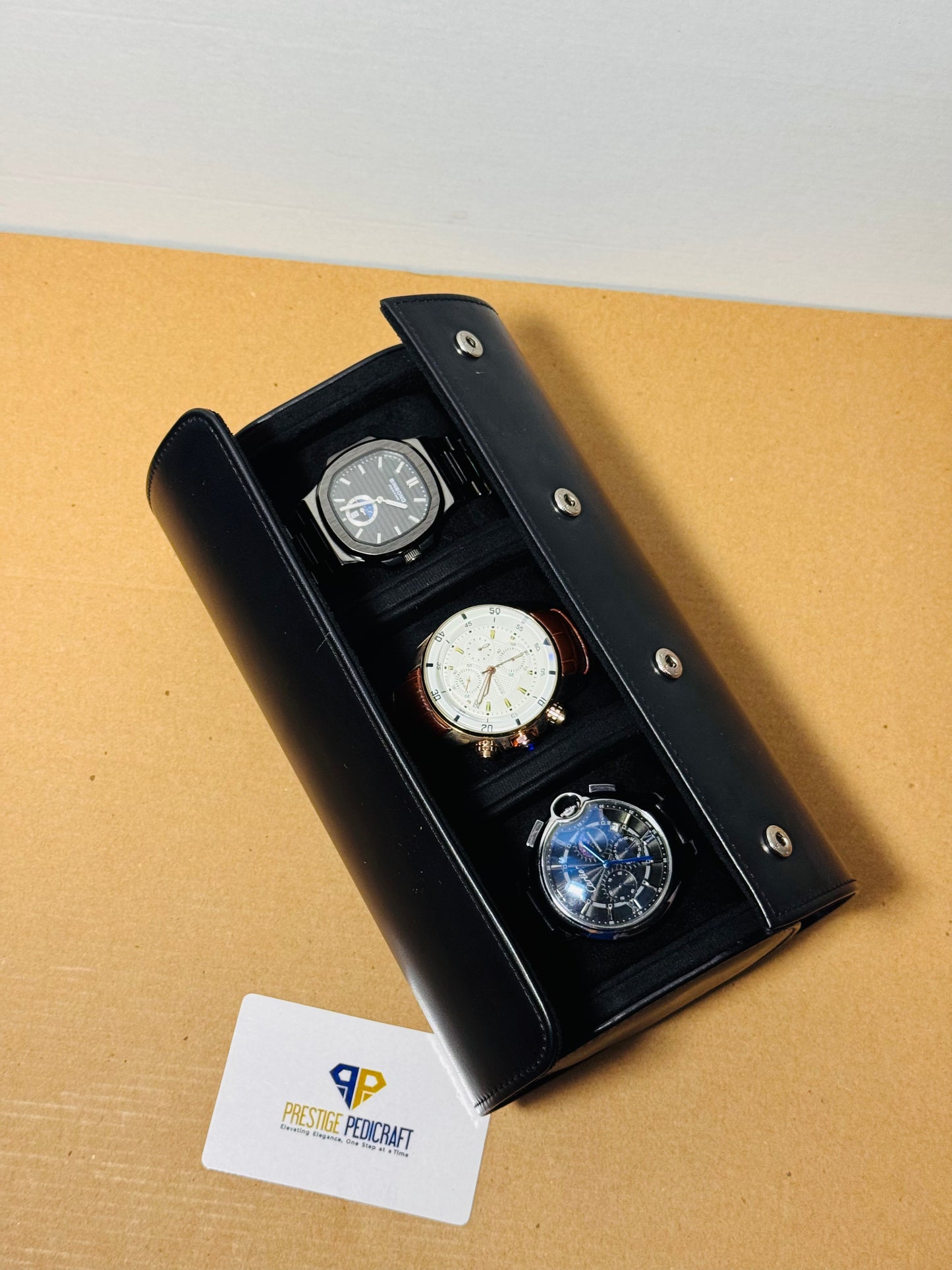 3 Slot Leather Watch Roll – Black Travel Case | Customizable