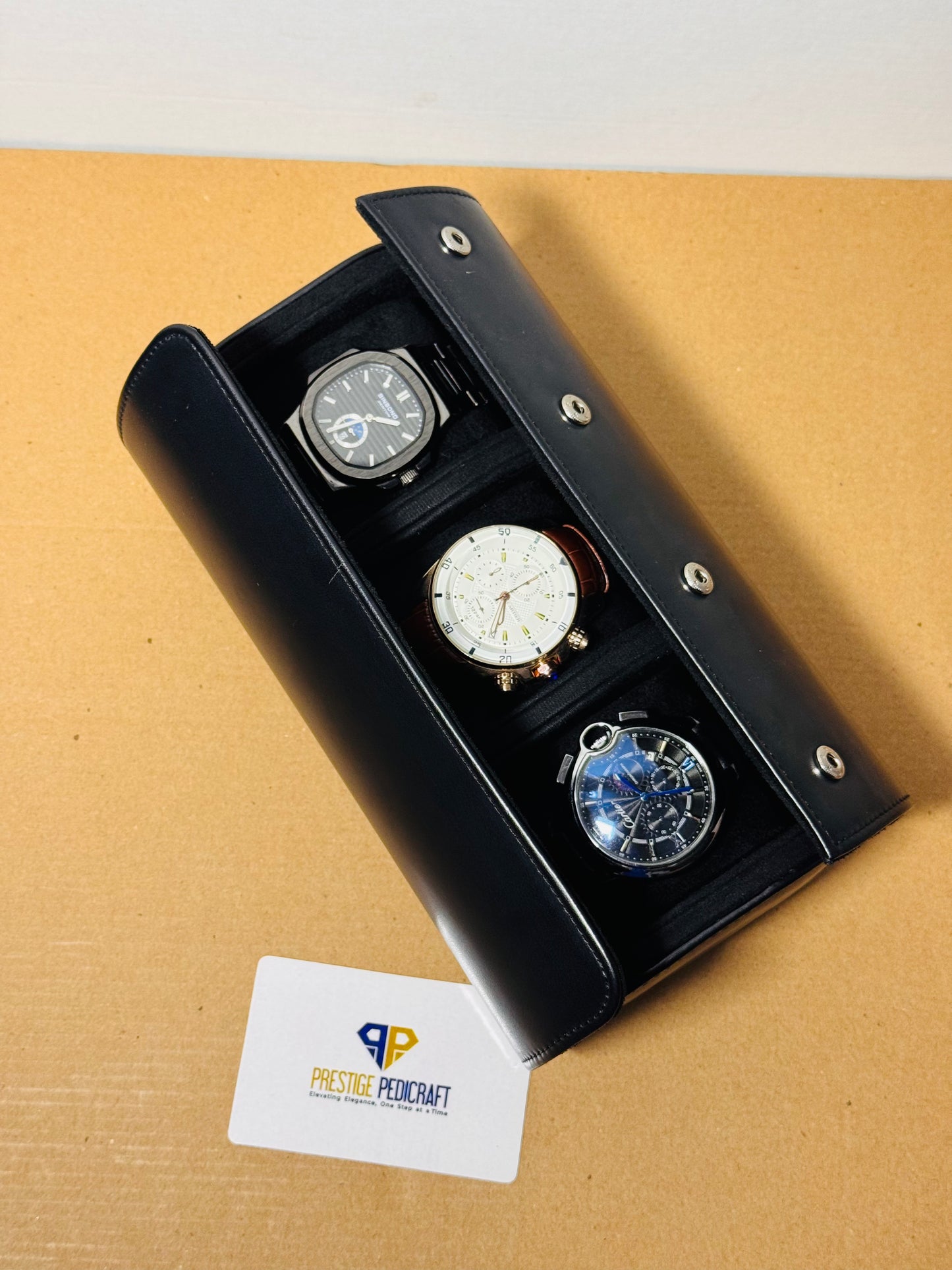 3 Slot Leather Watch Roll – Black Travel Case | Customizable