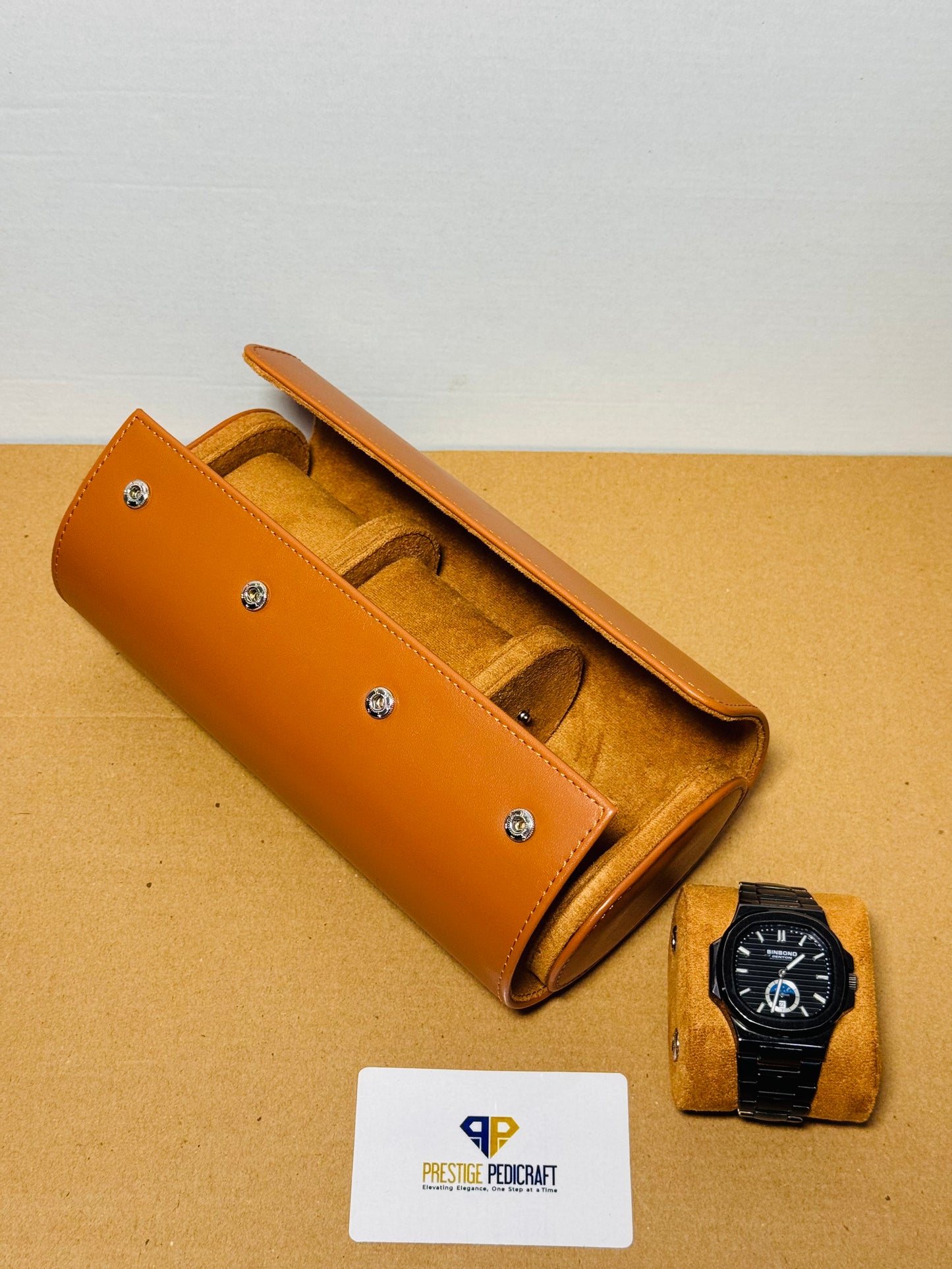 3 Slot Leather Watch Roll – Khaki Travel Case | Customizable