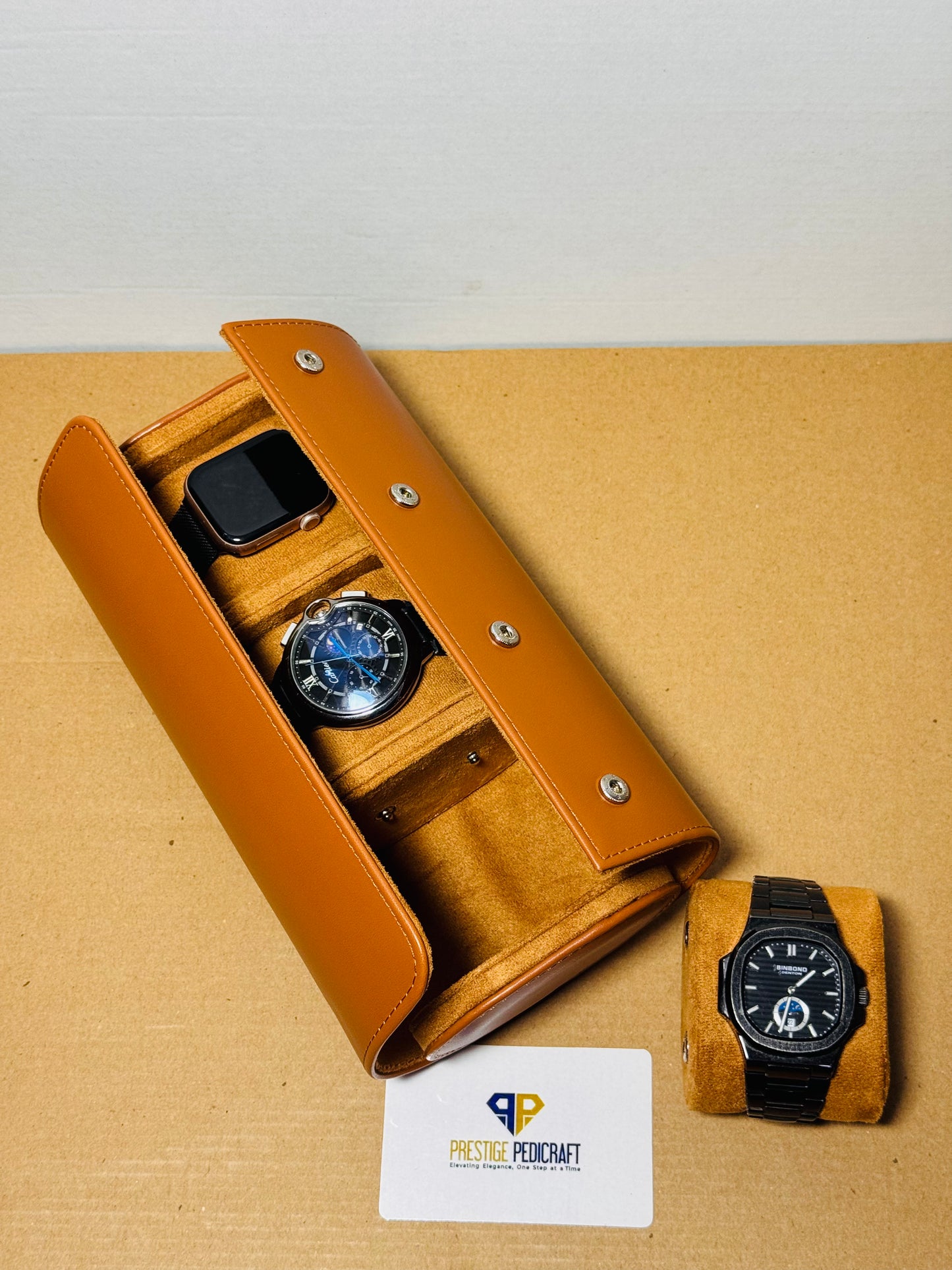 3 Slot Leather Watch Roll – Khaki Travel Case | Customizable