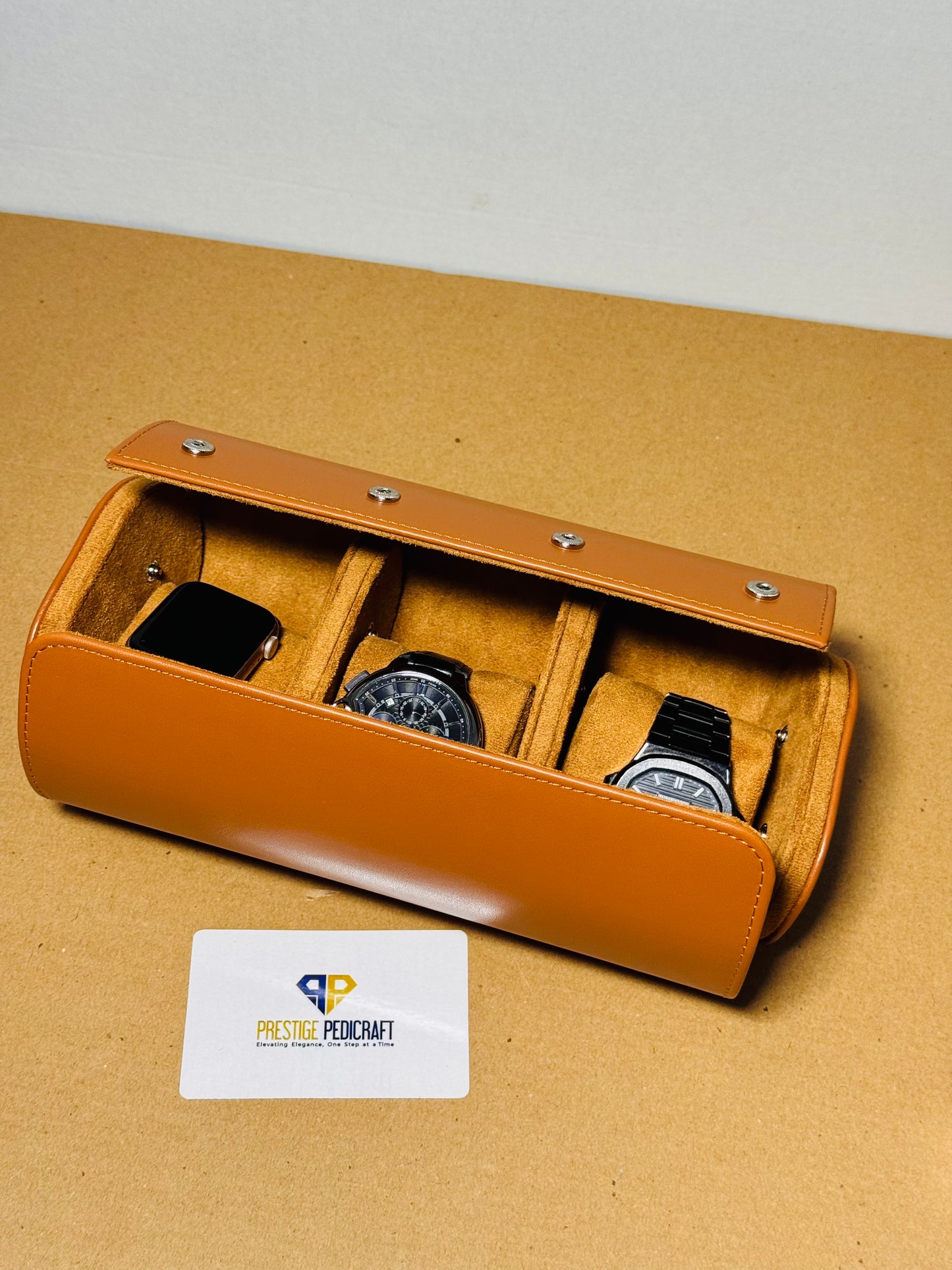 3 Slot Leather Watch Roll – Khaki Travel Case | Customizable