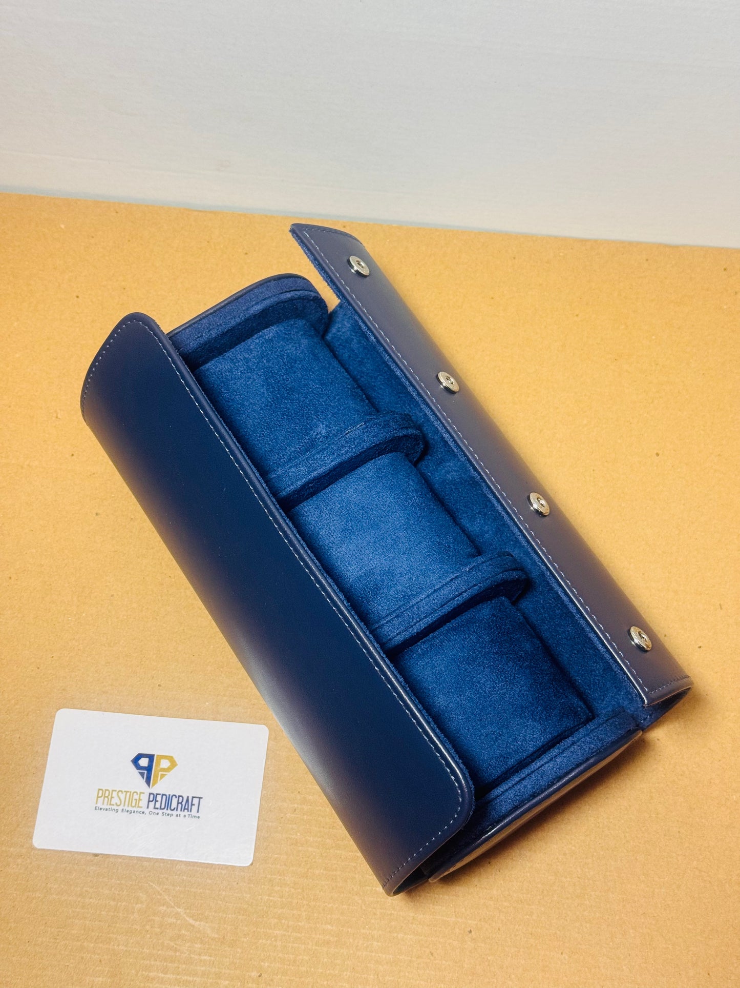 3 Slot Leather Watch Roll – Blue Travel Case | Customizable