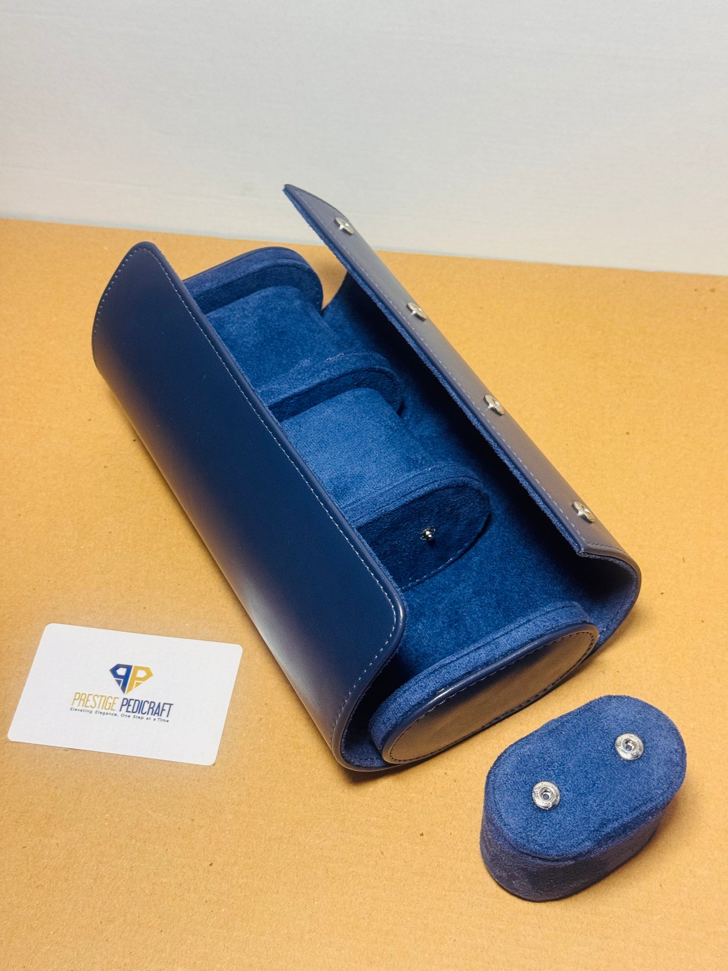 3 Slot Leather Watch Roll – Blue Travel Case | Customizable