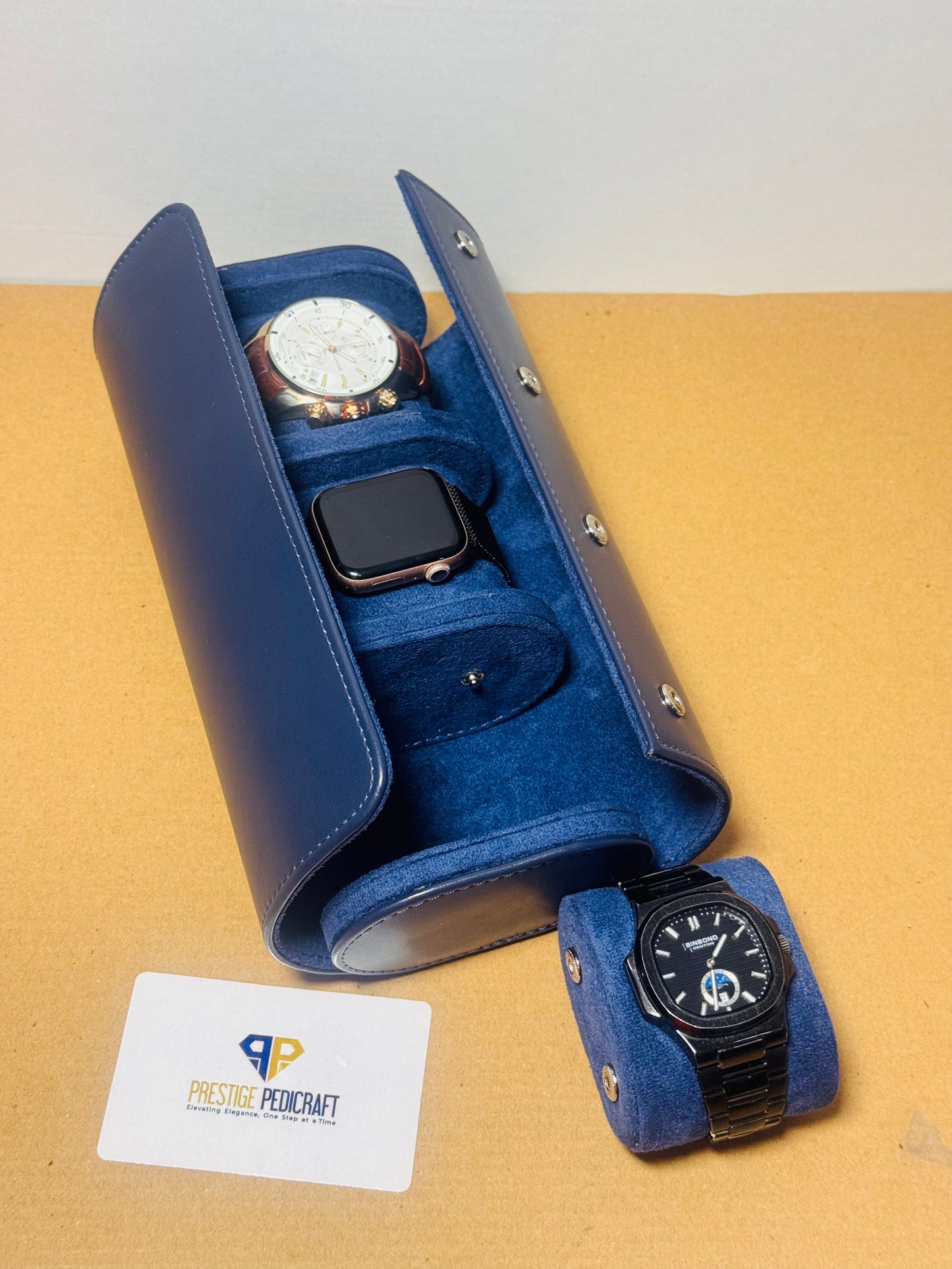 3 Slot Leather Watch Roll – Blue Travel Case | Customizable