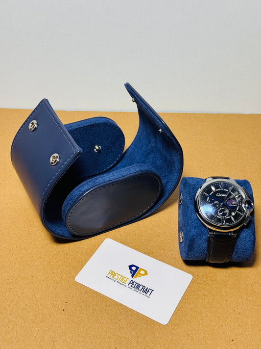 1 Slot Leather Watch Roll – Blue Travel Case | Customizable
