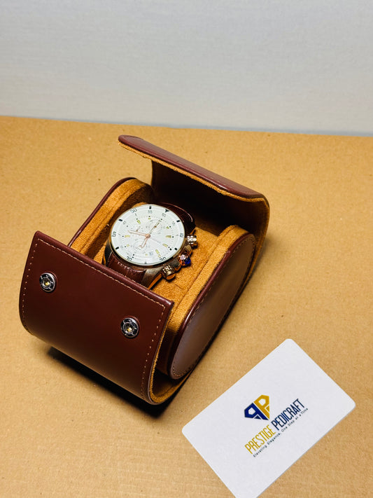 1 Slot Leather Watch Roll – Brown Travel Case | Customizable