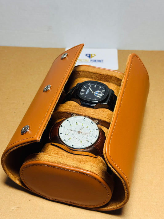 2 Slot Leather Watch Roll – Khaki Travel Case | Customizable