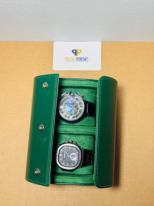 2 Slot Leather Watch Roll – Green Travel Case | Customizable