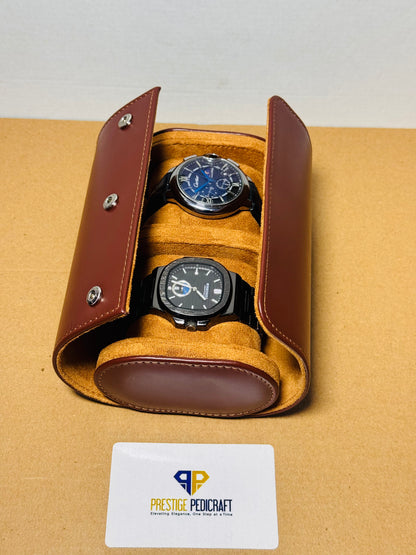 2 Slot Leather Watch Roll – Brown Travel Case | Customizable