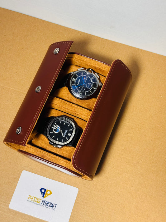 2 Slot Leather Watch Roll – Brown Travel Case | Customizable