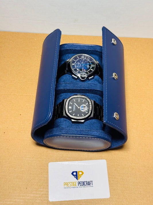 2 Slot Leather Watch Roll – Blue Travel Case | Customizable