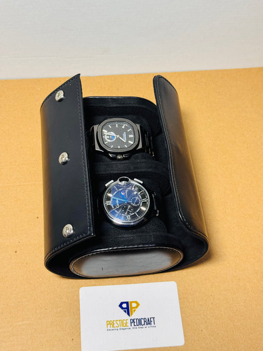 2 Slot Leather Watch Roll – Black Travel Case | Customizable