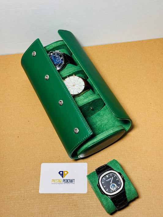 3 Slot Leather Watch Roll – Green Travel Case | Customizable