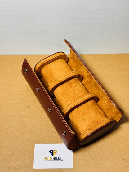 3 Slot Leather Watch Roll – Brown Travel Case | Customizable