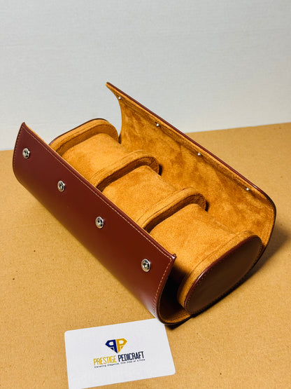 3 Slot Leather Watch Roll – Brown Travel Case | Customizable