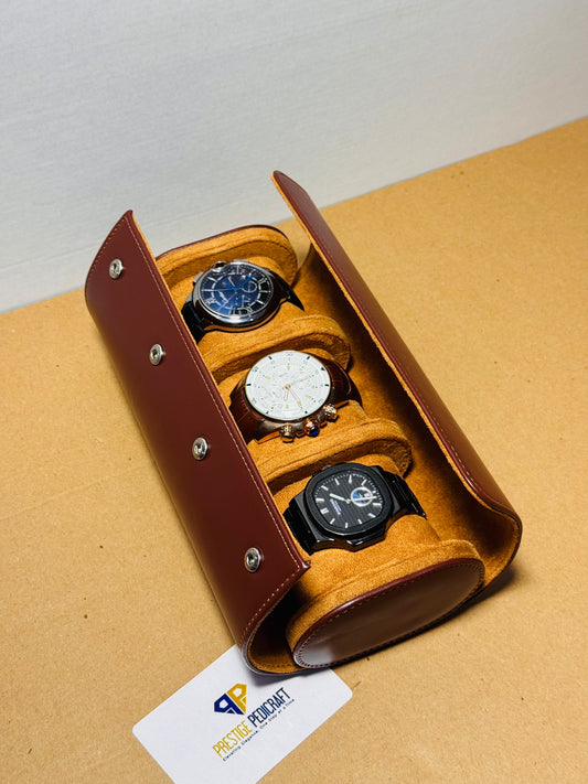 3 Slot Leather Watch Roll – Brown Travel Case | Customizable