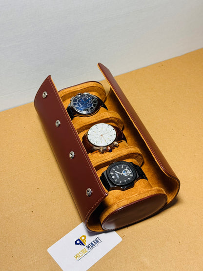 3 Slot Leather Watch Roll – Brown Travel Case | Customizable
