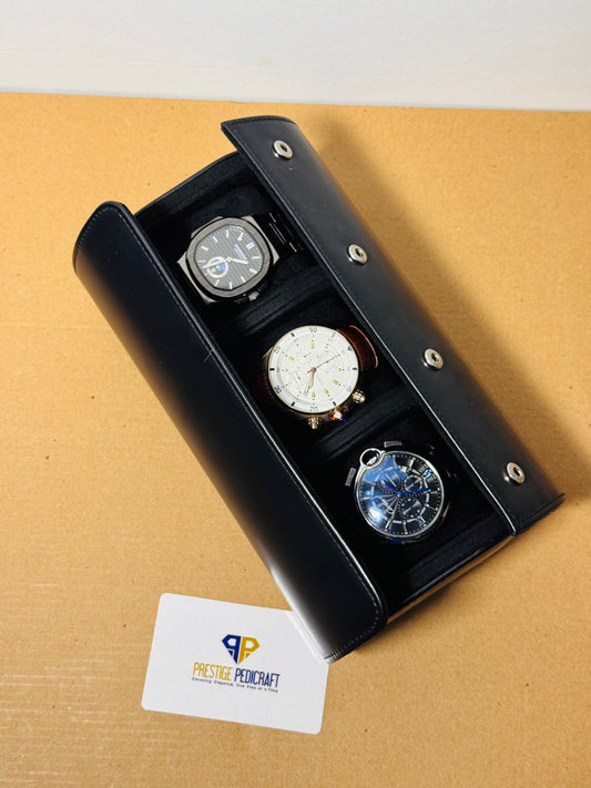 3 Slot Leather Watch Roll – Black Travel Case | Customizable