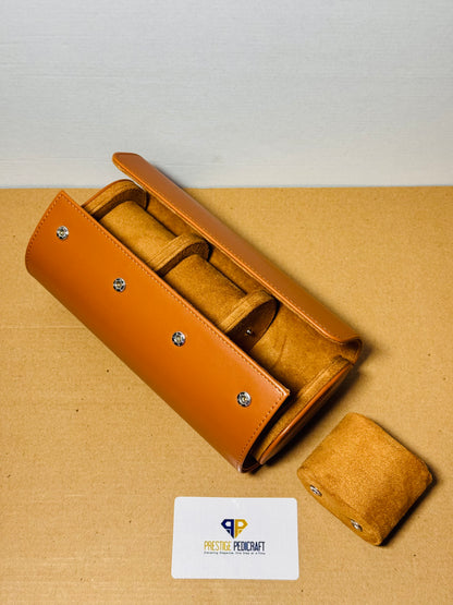 3 Slot Leather Watch Roll – Khaki Travel Case | Customizable