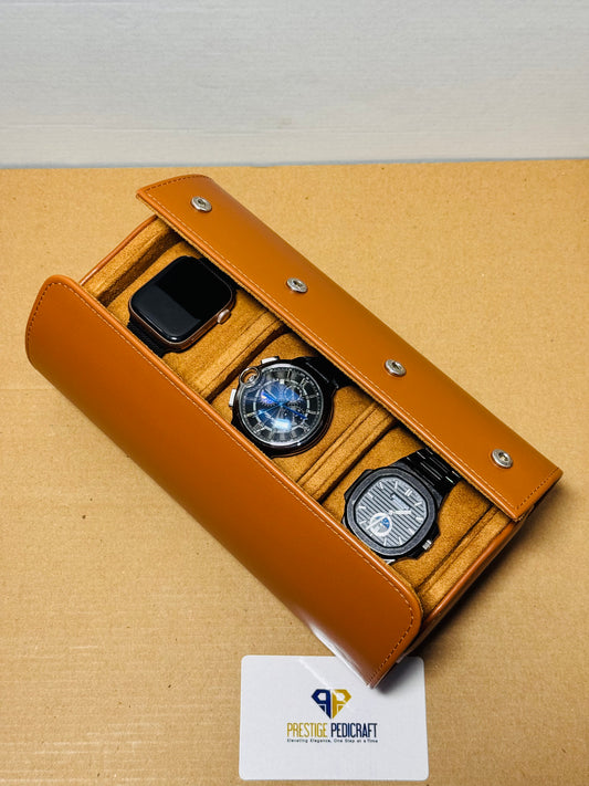 3 Slot Leather Watch Roll – Khaki Travel Case | Customizable
