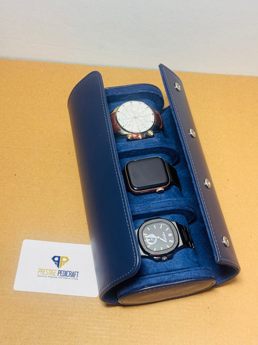 3 Slot Leather Watch Roll – Blue Travel Case | Customizable